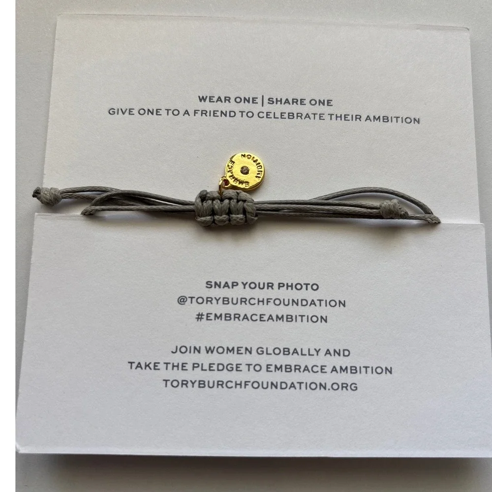 Tory Burch Embrace Ambition Grey Silk Cord Gold Gemini Link Bracelet Womens